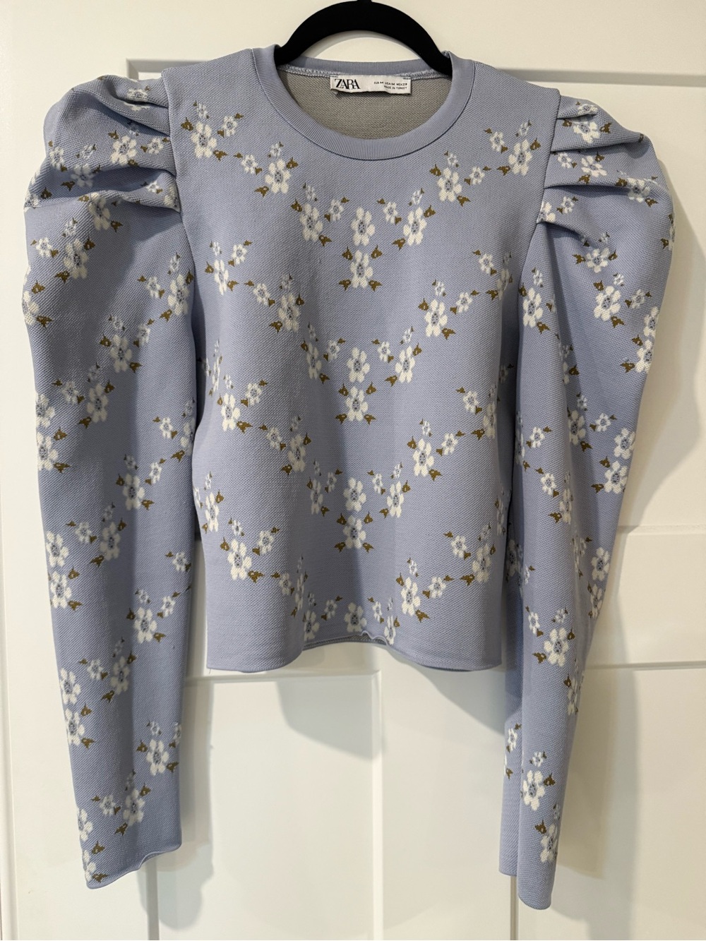 ZARA Light Blue Floral Puff-Sleeve Sweatshirt
